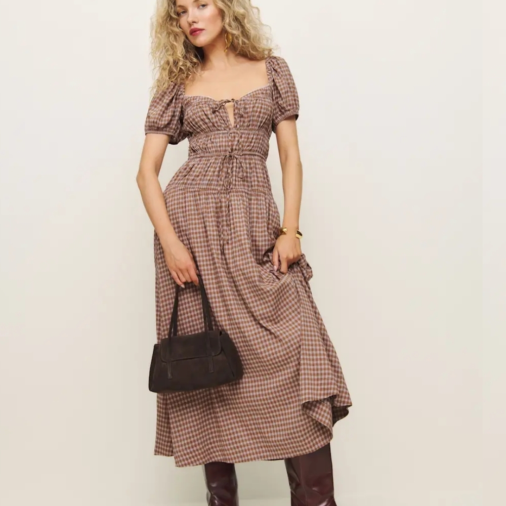 Reformation Rhett Brown and White Tie Front Maxi Dress